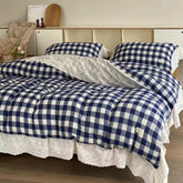White Blue Gingham Lace Ruffle Bedding Set